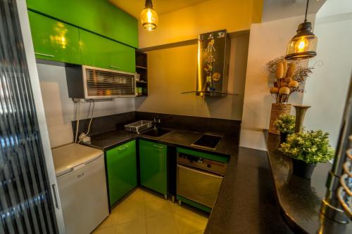 a kitchen with green cabinets and a sink at Petar Apartment, Ohrid in Ohrid