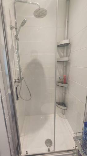 a shower with a glass door in a bathroom at Stunning One Bedroom Holiday Flat In Weymouth in Weymouth