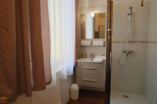 y baño con ducha, lavabo y espejo. en Appartement avec grand jardin, en Cannes