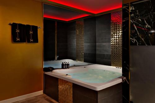 Metro Elegance Suites في Tel Binyamin: حمام مع حوض مع سقف احمر