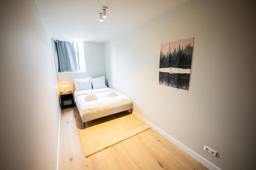 een slaapkamer met een bed en een schilderij aan de muur bij Astonishing 3 Bedroom Serviced Apartment 73m2 in Rotterdam