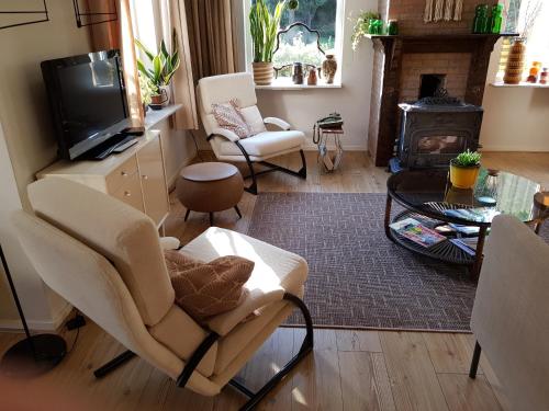 a living room with chairs and a television and a fireplace at Apartment Zus en Zo in Uffelte