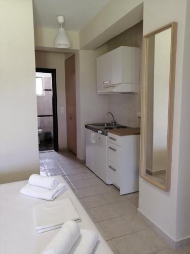 a kitchen with white appliances and towels on the floor at Villa Gianna in Apolpaina