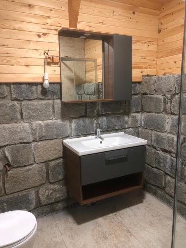 a bathroom with a sink and a stone wall at Şeni Bungalow in Çamlıhemşin