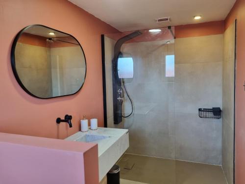 une salle de bain avec une douche, un lavabo et un miroir dans l'établissement villa avec studio indépendant et piscine, à Jonquières