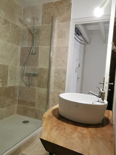 une salle de bain avec un lavabo et une douche dans l'établissement Nid douillet à quelques pas de la gare., à Carcassonne