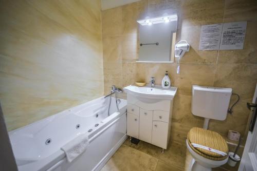 Boutique House Deva في ديفا: حمام مع حوض ومغسلة ومرحاض