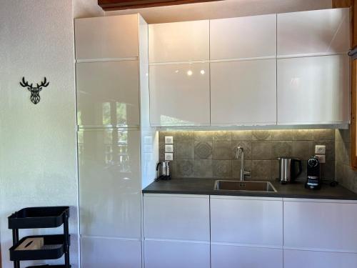 une cuisine avec des armoires blanches et un évier dans l'établissement Appartement cosy au centre des Gets, 2 balcons, 2 chambres, proche remontées mécaniques, parking inclus - FR-1-623-297, aux Gets