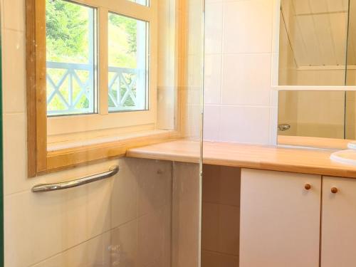 une salle de bain avec une douche et un lavabo et une fenêtre dans l'établissement Chalet spacieux avec poêle à bois, WIFI gratuit, terrasse, garage et proche des pistes - FR-1-425-122, à Flaine