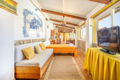 ein Wohnzimmer mit einem Sofa und einem TV in der Unterkunft Eclectic oasis with poolside charm in Arranhó 