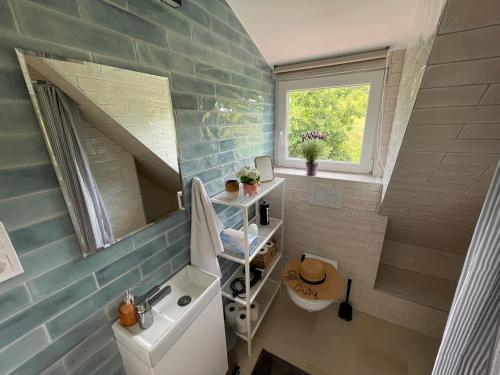 uma pequena casa de banho com um lavatório e uma janela em Dandelion Szőlőliget Vendégház em Kisapáti