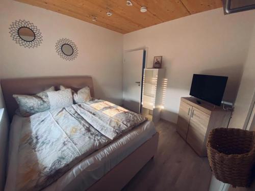 a bedroom with a bed and a flat screen tv at Zimmer m. eigenem Bad und Badewanne direkt am Wald in Amöneburg