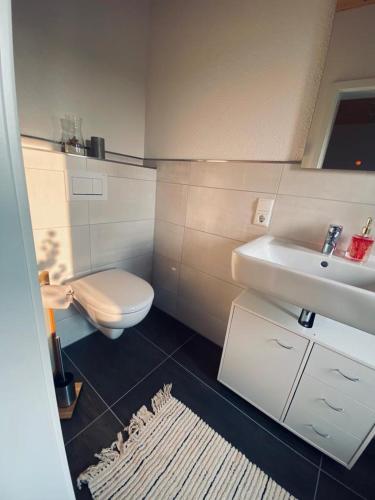 a small bathroom with a toilet and a sink at Zimmer m. eigenem Bad und Badewanne direkt am Wald in Amöneburg
