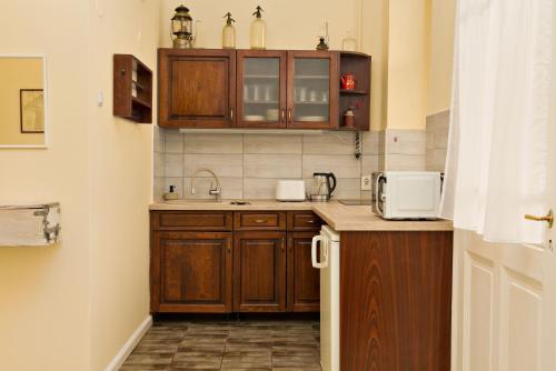 uma cozinha com armários de madeira e um lavatório em Kurucz Apartman em Sárospatak