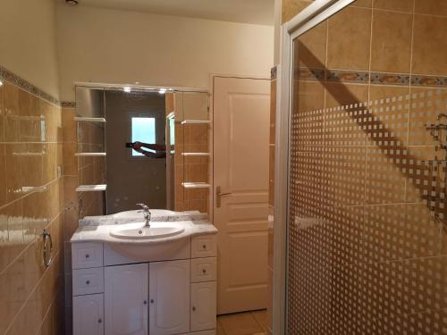 La salle de bains blanche est pourvue d'un lavabo et d'une douche. dans l'établissement Chambre d'hôte dans une maison avec parking privée, à Saint-Étienne