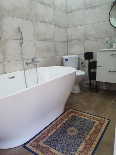 a bathroom with a tub and a toilet and a rug at Pokoje z widokiem na Beskid Arena in Szczyrk