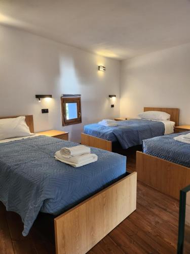 a room with two beds with blue sheets and a mirror at Kastello in Meyisti