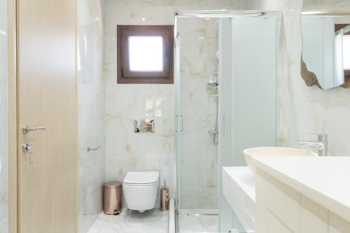 a bathroom with a toilet and a glass shower at LUXURY VILLAS ELENI STEFI in Limenas