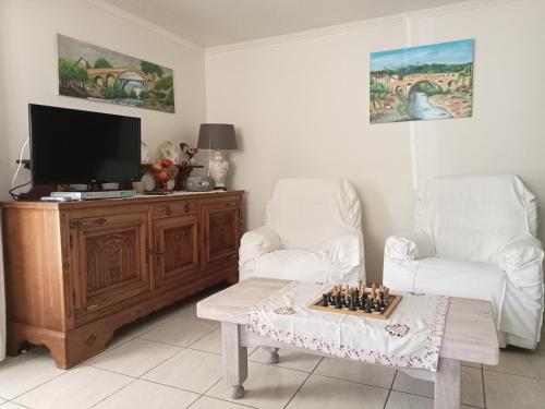 a living room with two chairs and a table and a tv at la cigogne in Céret