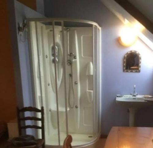 une salle de bain avec douche et lavabo dans l'établissement Chambre chez l'habitant, à Rueyre