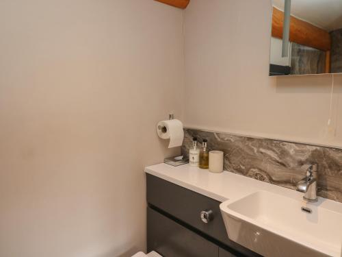 威爾士浦的住宿－Fioled，一间带水槽、卫生间和镜子的浴室