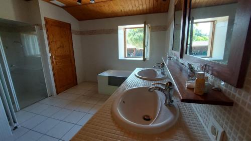 een badkamer met een wastafel, een douche en een bad bij Belle longère en Périgord vert in Champs-Romain