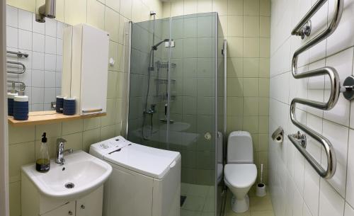 a bathroom with a shower and a toilet and a sink at Mõisavälja 10 apartment in Rakvere