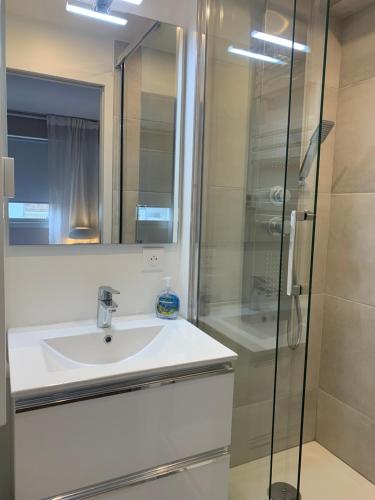 une salle de bain avec un lavabo et une douche dans l'établissement Superbe Appt Face Mer 6 pers, à Le Touquet-Paris-Plage