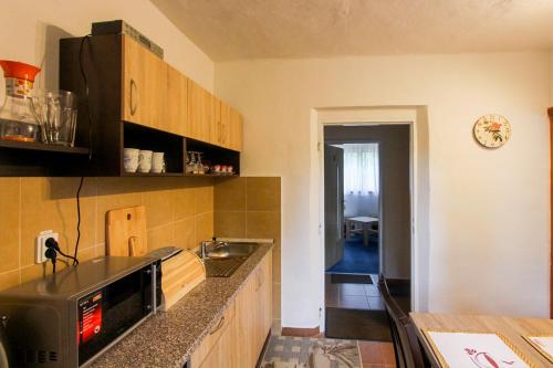 a kitchen with a sink and a microwave at Chata Biela Stopa in Vysoke Tatry - Tatranska Lomnica.