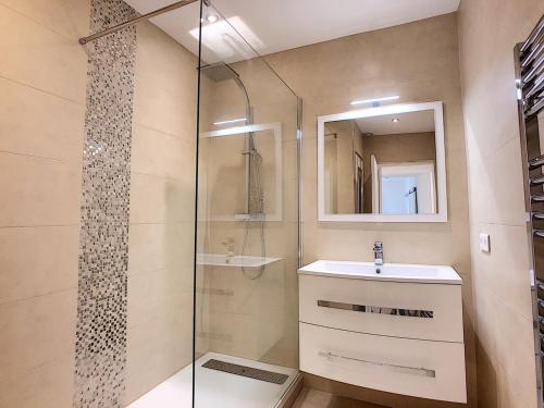 アンティーブにあるMagnifique appartement au cœur du Vieil Antibesのバスルーム(ガラス張りのシャワー、シンク付)