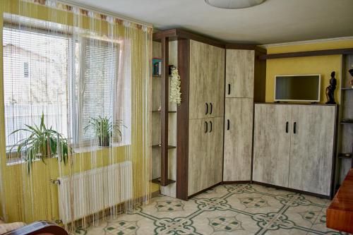 sala de estar con TV y ventana en Vacation home Lubov, en Kamianets-Podilskyi