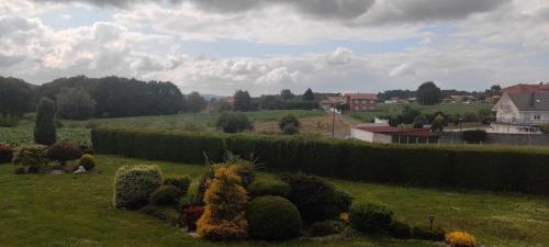 ein grünes Feld mit Büschen und einer Hecke in der Unterkunft Toxiños Lavacolla in A Coruña