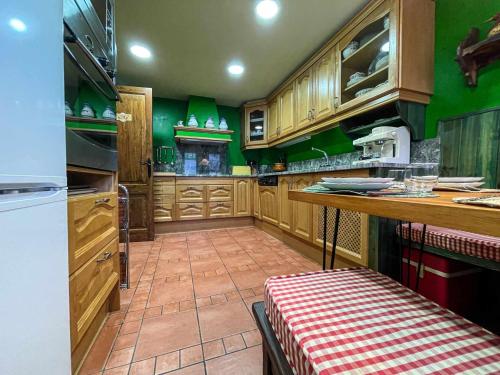 a large kitchen with wooden cabinets and green walls at Casa Elegancia, Pleta de Saga in Ger