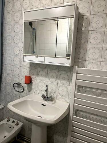 une salle de bain avec un lavabo et un miroir dans l'établissement La Potinière studio face Mer, à Le Touquet-Paris-Plage