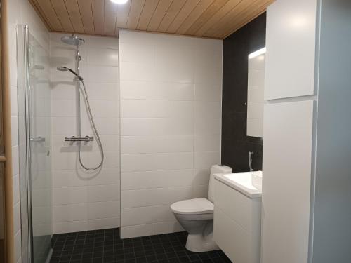 a bathroom with a shower and a toilet at Seaside Lux in Turku