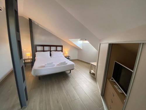 Un dormitorio con una cama grande y un televisor. en V Apartamento junto a PlazaMayor, en Salamanca
