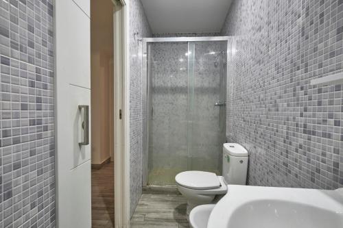 y baño con aseo, lavabo y ducha. en Núñez de Arce habitaciones, en Madrid