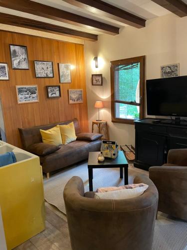 a living room with couches and a flat screen tv at Le chalet du cœur in Mittlach