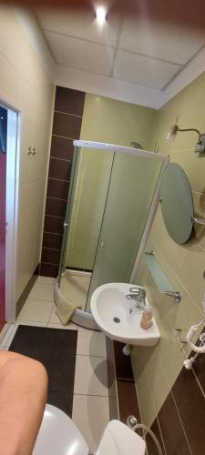 a bathroom with a sink and a shower and a toilet at Pokoje Gościnne HEVEN in Płock
