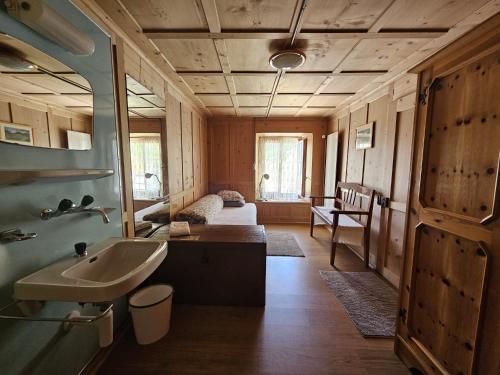 a bathroom with a sink and a bed in a room at Hotel Dalla Posta Platta in Pardè