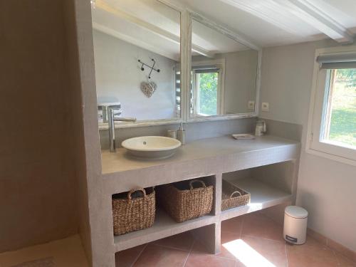 uma casa de banho com um lavatório e um espelho em Gouillette em Saint-Pey-de-Castets