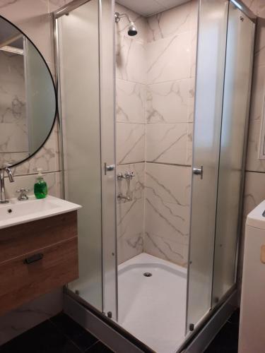 y baño con ducha y puerta de cristal. en Departamento Brown - zona centro en Mar del Plata