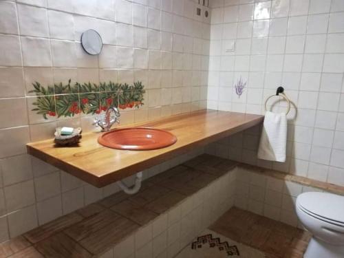 a bathroom with a wooden sink and a toilet at Monte Alentejano ideal para relaxar na natureza in São Teotónio