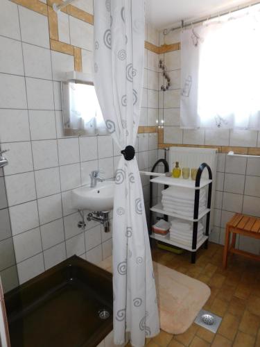 a bathroom with a shower curtain and a sink at Apartment Branko in Ptuj