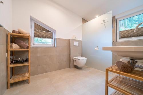a bathroom with a toilet and a sink and a window at Alpenhaus Thurnher in Gaschurn