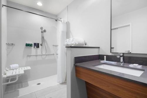 ein weißes Bad mit einem Waschbecken und einer Dusche in der Unterkunft Fairfield Inn & Suites by Marriott Kenosha Pleasant Prairie in Pleasant Prairie