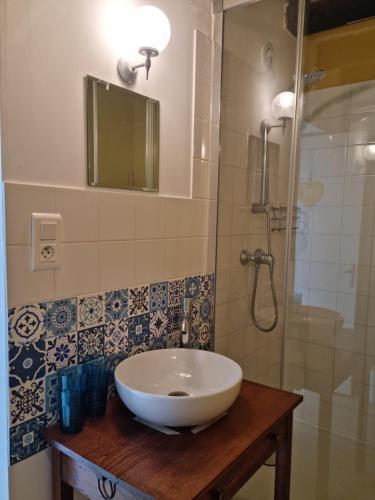 ein Badezimmer mit Waschbecken und Dusche in der Unterkunft L'Aupinouse Chambre double ( ou triple ) Bouton d'Or avec salle d'eau privative in La Suze-sur-Sarthe