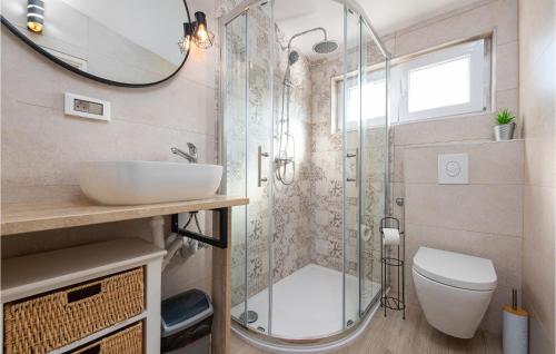 a bathroom with a shower and a toilet and a sink at Nice Home In Rovanjska With 6 Bedrooms, Wifi And Jacuzzi in Rovanjska