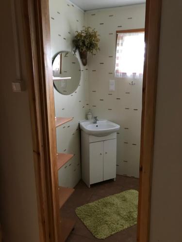 a bathroom with a sink and a mirror at Wiejski Domek na Roztoczu 