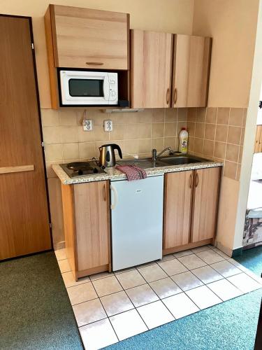 a small kitchen with a sink and a microwave at Chalupa Na stráni in Čenkovice